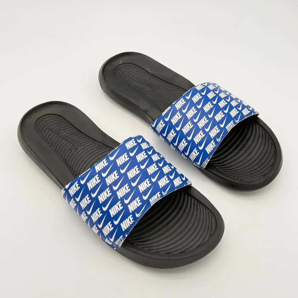 Nike Victori One Men's Printed Slides Blue Black Logo Sandals CN9678-401 Size 14